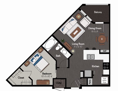 Floor plan for studio, 1 bath, 667 sqft